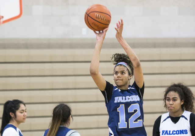 Foothill junior Rae Burrell (12) shoots a three point shot during practice at Mannion Middl ...