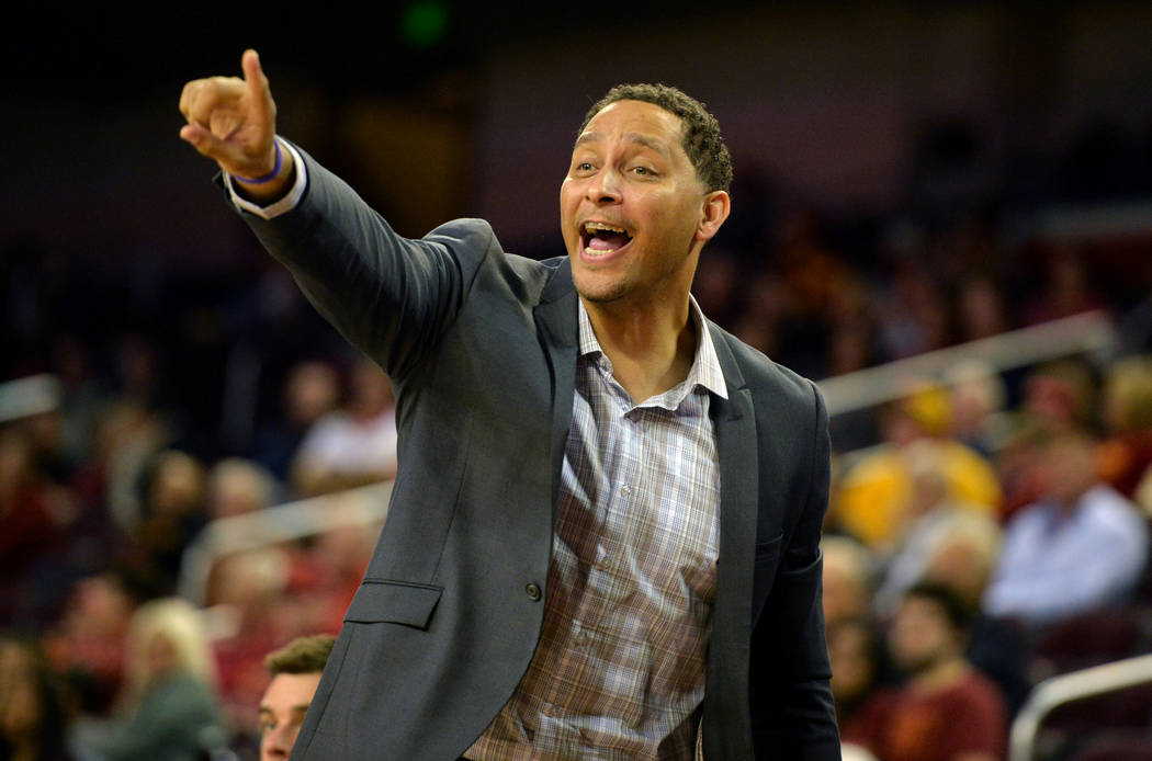 Southern California Trojans associate head coach Tony Bland reacts during a NCAA basketball ...