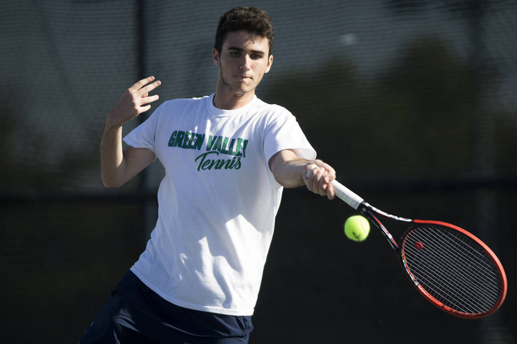 Green Valley’s Ryan Elezra during his singles match at the Darling Tennis Center in La ...