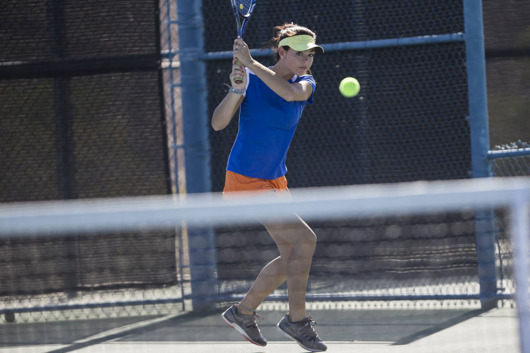 Bishop Gorman’s Olivia Balelo during her double tennis match at the Darling Tennis Cen ...