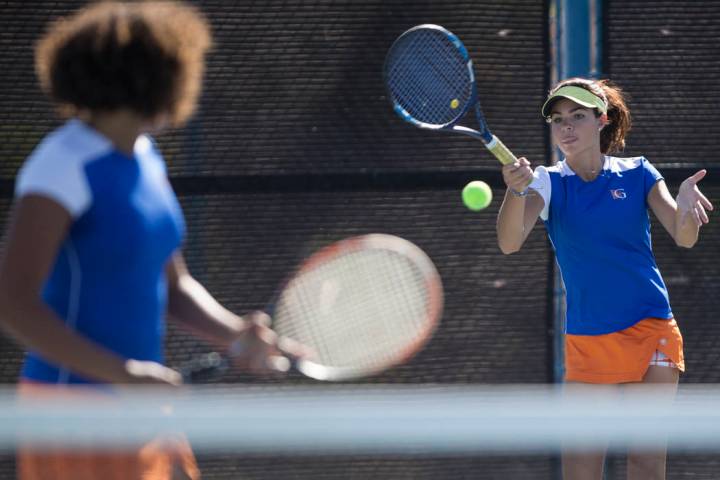 Bishop Gorman’s Olivia Balelo during her double tennis match at the Darling Tennis Cen ...
