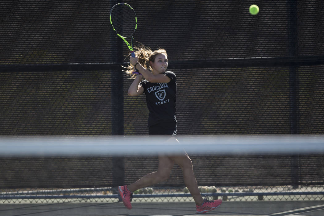 Faith Lutheran’s Summer Stadtlander during her doubles tennis match at the Darling Ten ...