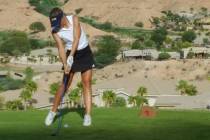 Lani Potter of Boulder City hits her drive on the 16th hole during the Class 3A Southern Reg ...