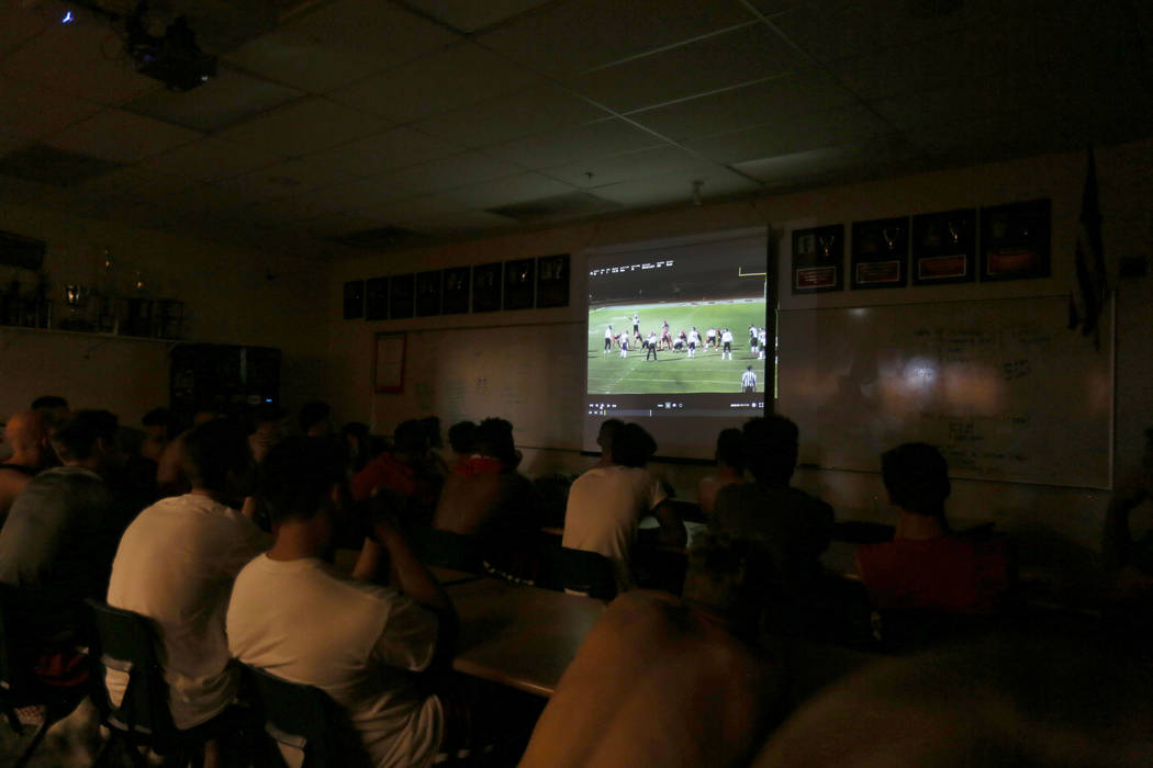 Arbor View’s football team watches their team’s game film at Arbor View high sch ...