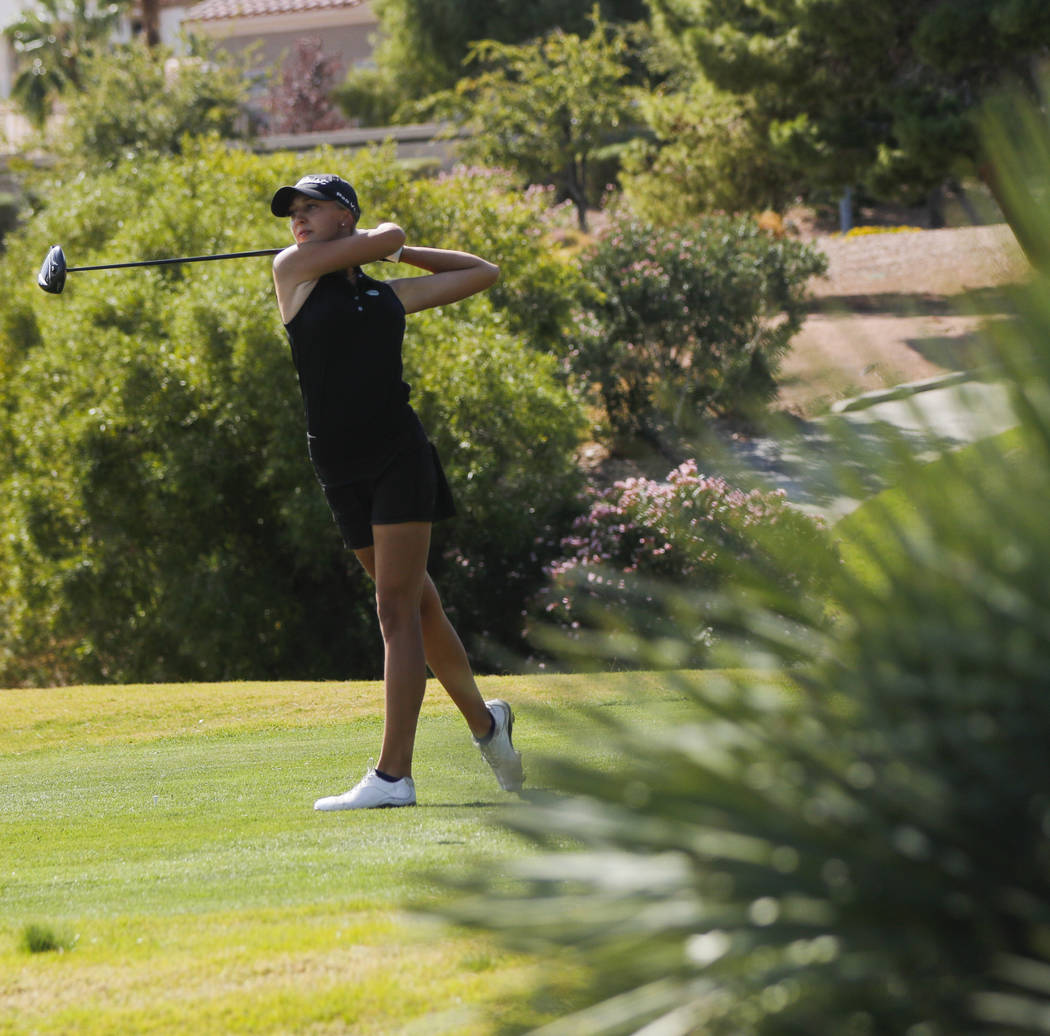 Palo Verde’s Annick Haczkiewicz watches her tee shot during the Class 4A state girls g ...