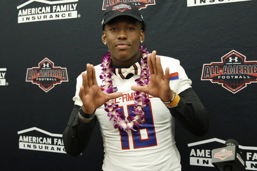 Bishop GormanÕs tight end Brevin Jordan, receives his honorary All America Game jersey ...