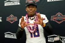 Bishop GormanÕs tight end Brevin Jordan, receives his honorary All America Game jersey ...