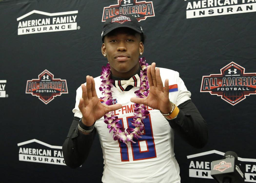 Bishop Gorman’s tight end Brevin Jordan, receives his honorary All America Game jersey ...