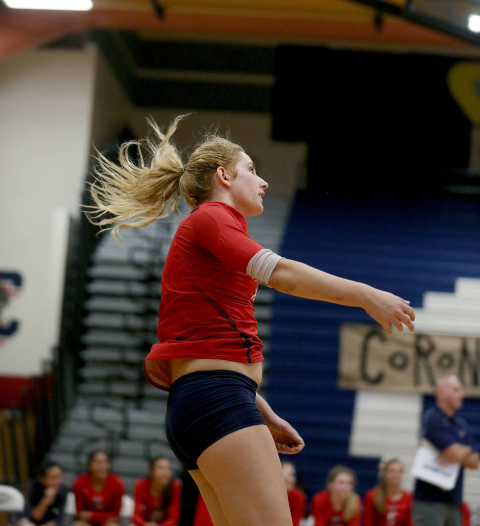 Coronado’s Madison Karcich follows through on a scoring serve against Foothill during ...