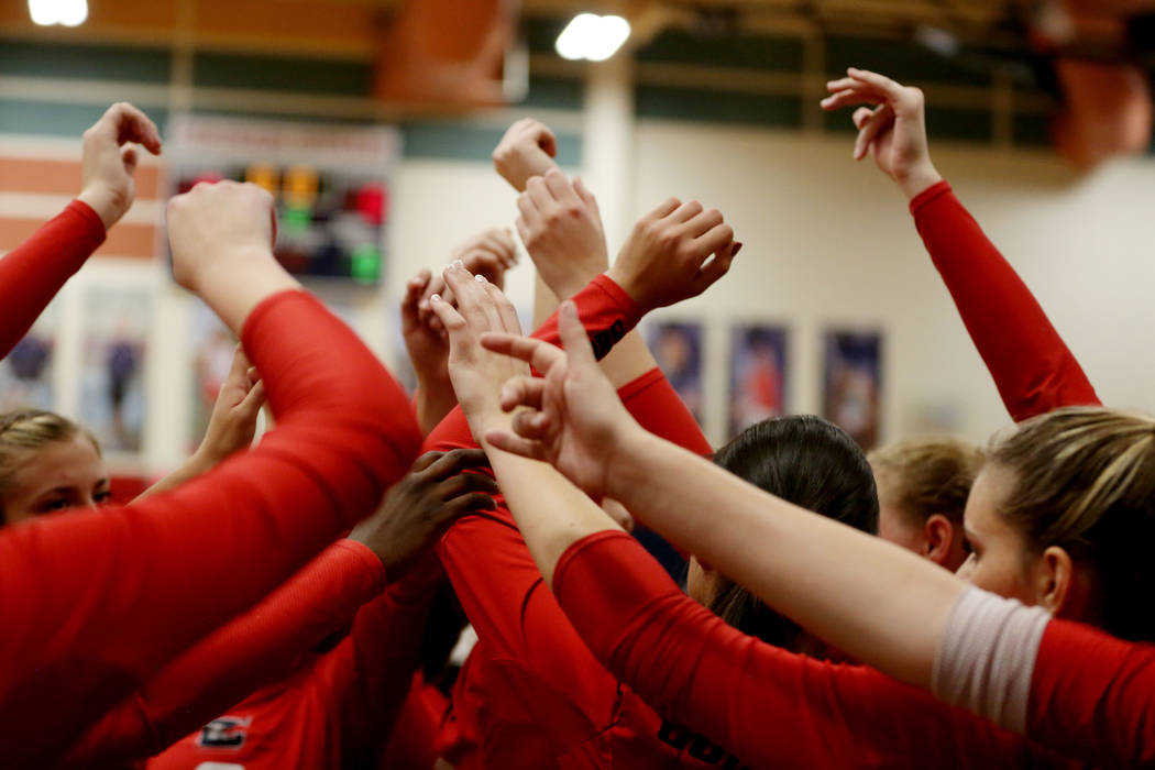 Coronado breaks during the Class 4A Sunrise Region volleyball semifinal against Foothill at ...