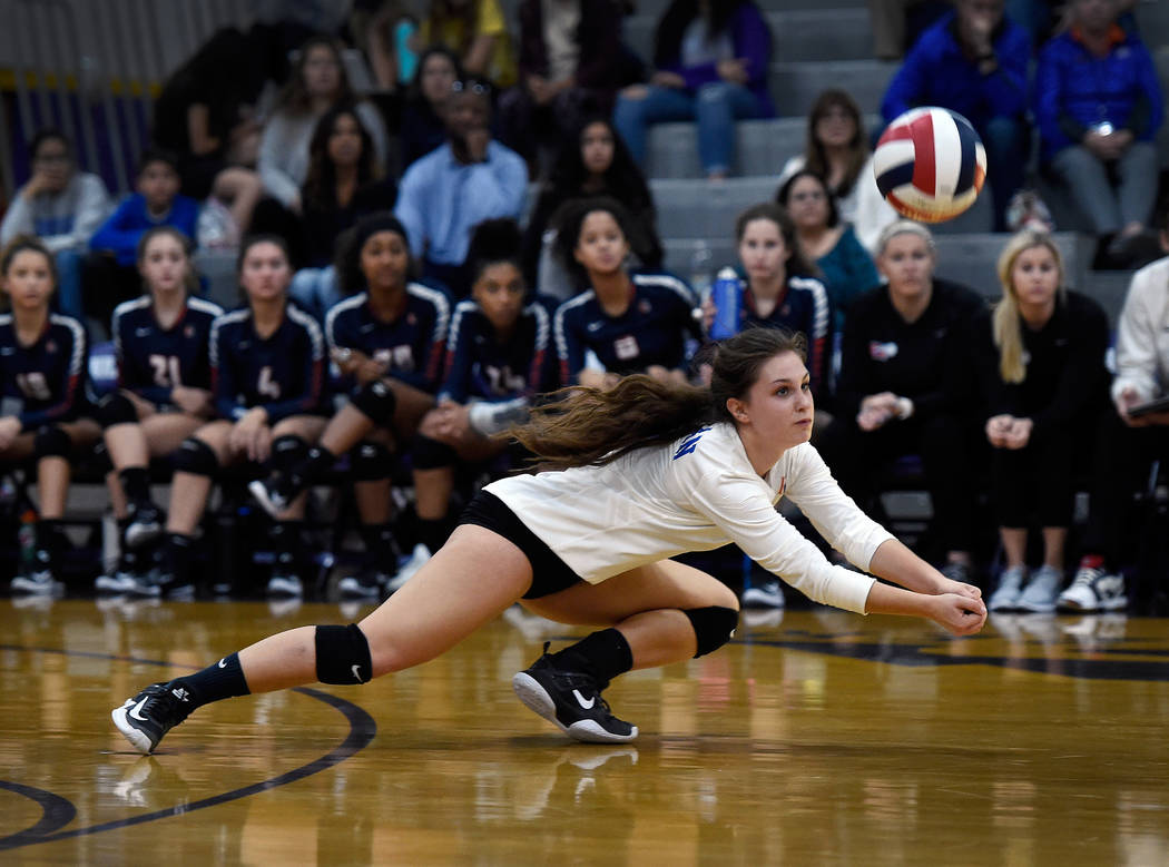 Bishop Gorman’s Makenna Gordon digs for the ball against Shadow Ridge during a class 4 ...