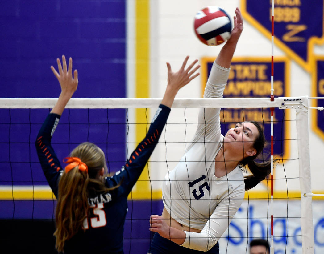 Shadow Ridge’s Whittnee Nihipali hits the ball against Bishop Gorman’s Angelina ...