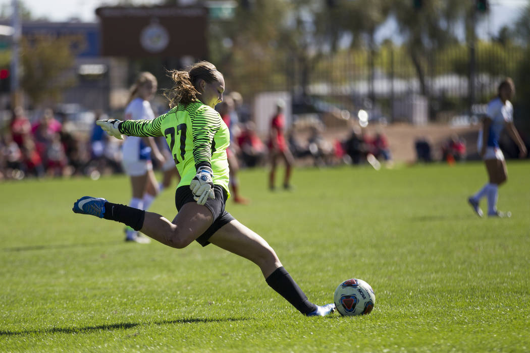 Bishop Gorman’s Hannah Lee (27) during a goal kick against against Arbor View in the S ...