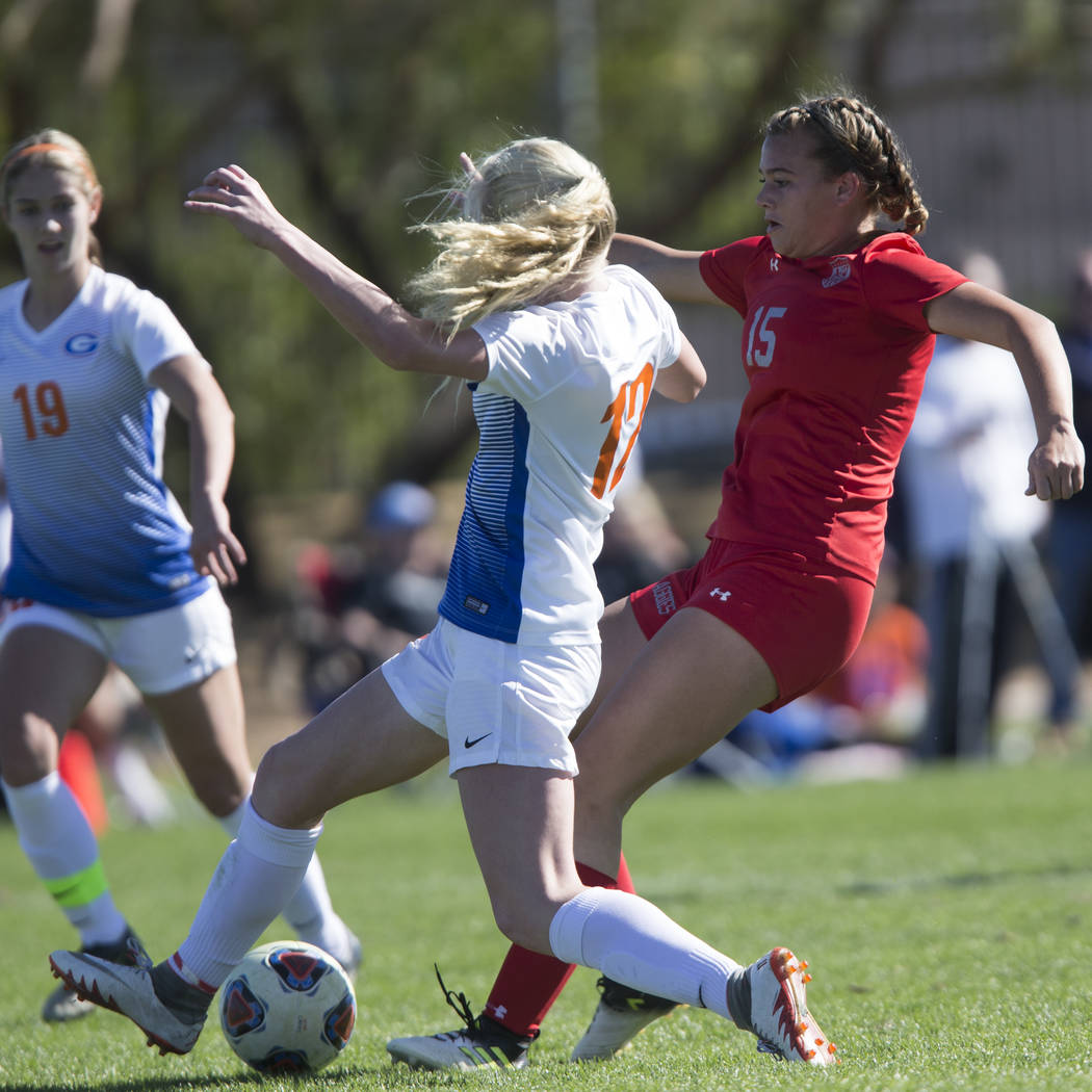 Arbor View’s Jolianna Meyers (15) kicks the ball for a goal against Bishop Gorman in t ...