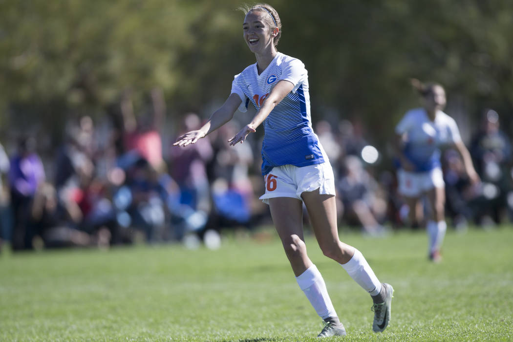 Bishop Gorman’s Taylor Cox (16) celebrates her goal against Arbor View in the Sunset R ...