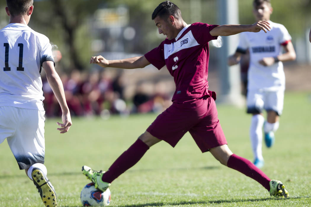 Eldorado’s Jesus Espejo (5) controls the ball against Coronado in the Sunrise Region b ...