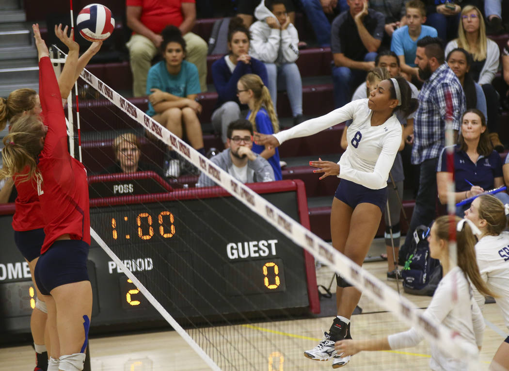 Shadow Ridge’s Alysha Smith (8) sends the ball to Coronado during the Class 4A state v ...