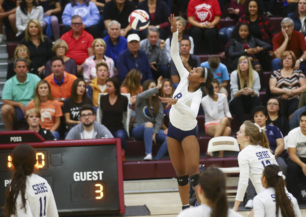 Shadow Ridge’s Alysha Smith (8) sends the ball over the net to Coronado during the Cla ...