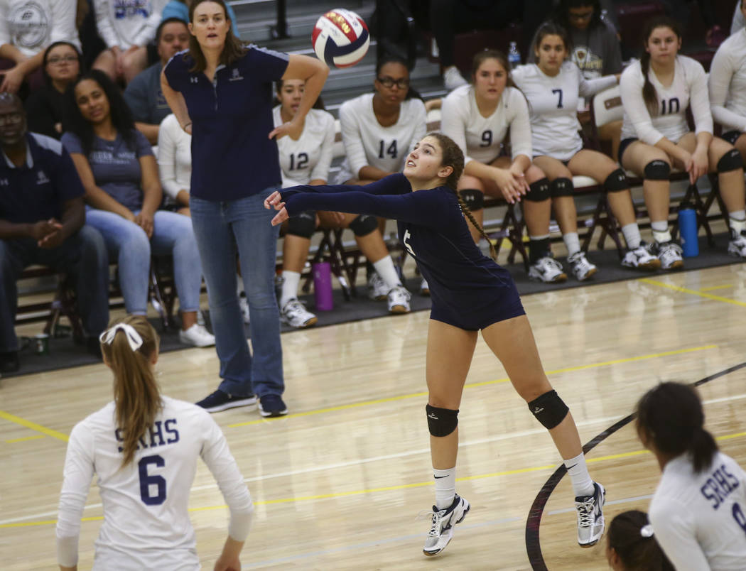 Shadow Ridge’s Braedyn Peters (5) sends the ball over to Coronado during the Class 4A ...