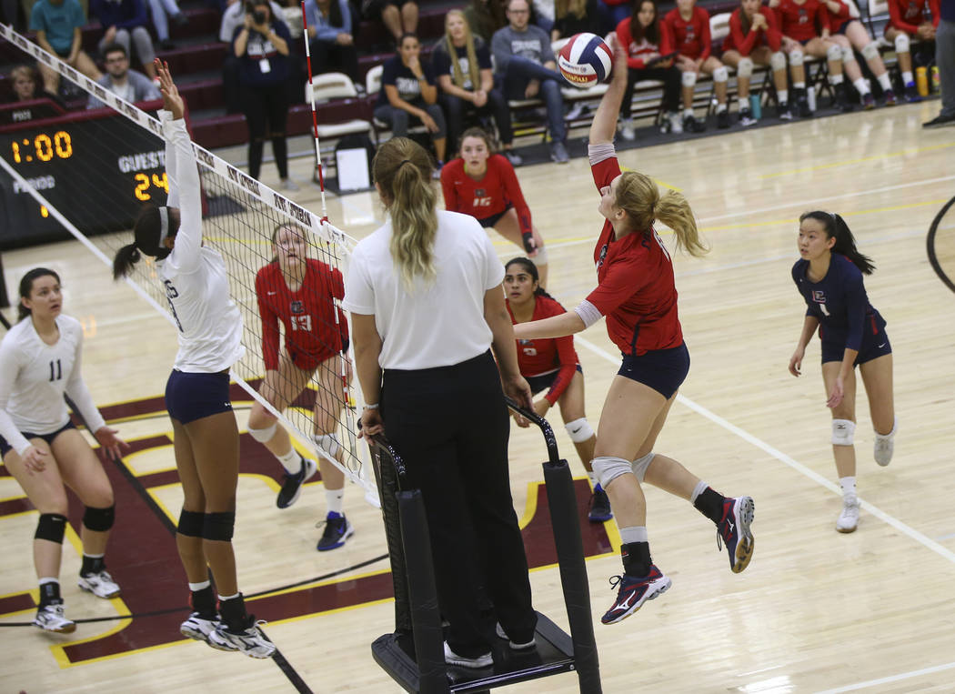 Coronado’s Madison Karcich (11) sends the ball to Shadow Ridge during the Class 4A sta ...