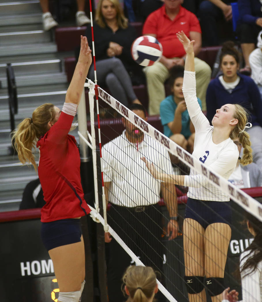 Shadow Ridge’s Madison Norr (3) sends a shot over to Coronado during the Class 4A stat ...