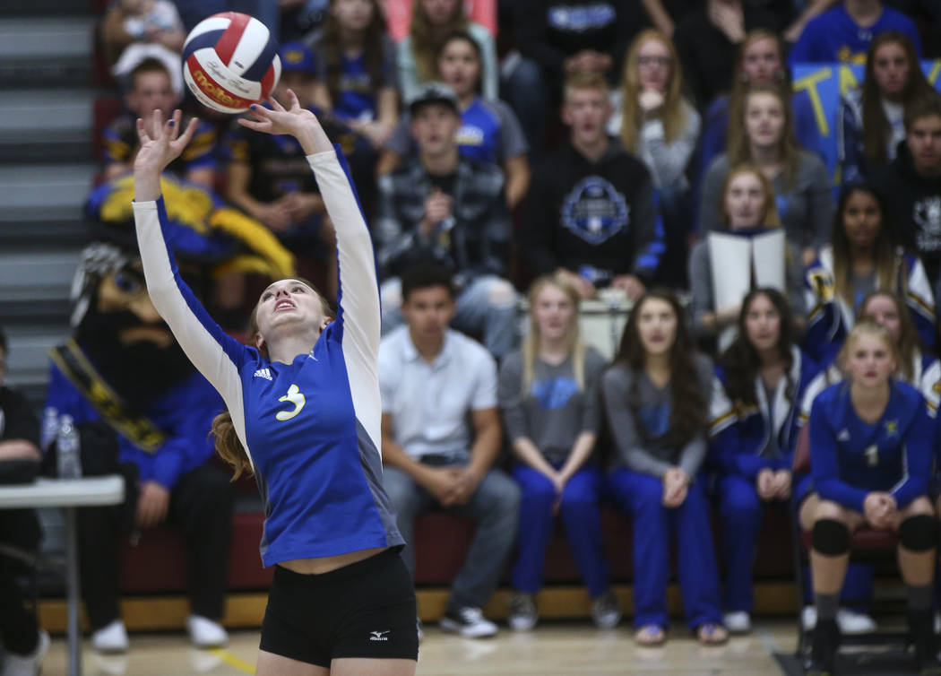 Moapa Valley’s Shyanne Matheson (3) sets the ball while playing Lowry during the Class ...