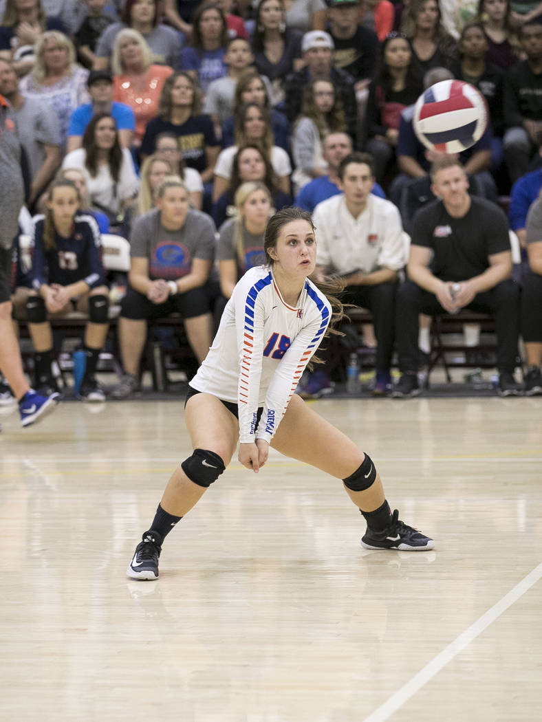 Gorman senior Sarah Lychock (18) watches the ball against Shadow Ridge in the Class 4A stat ...