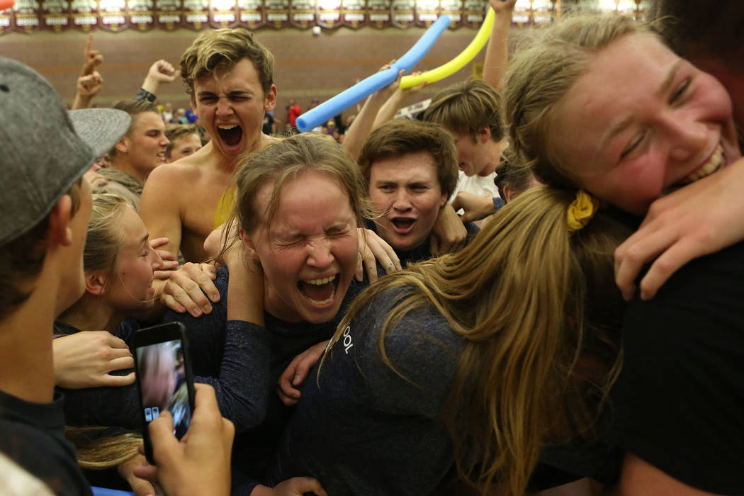 Boulder City teammates celebrate their 3-2 win over Moapa Valley during the class 3A state v ...