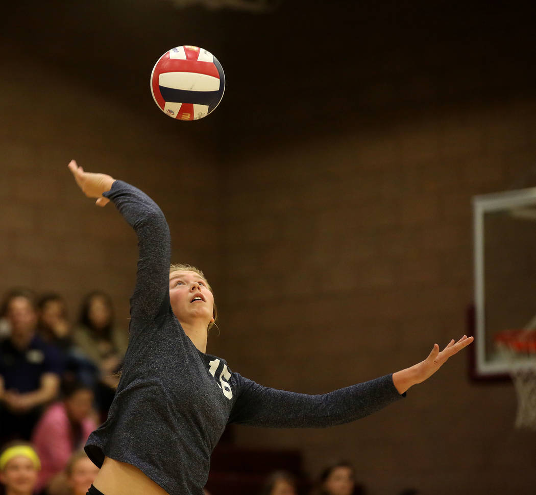 Boulder City player Maggie Roe serves the ball during the class 3A state volleyball champion ...