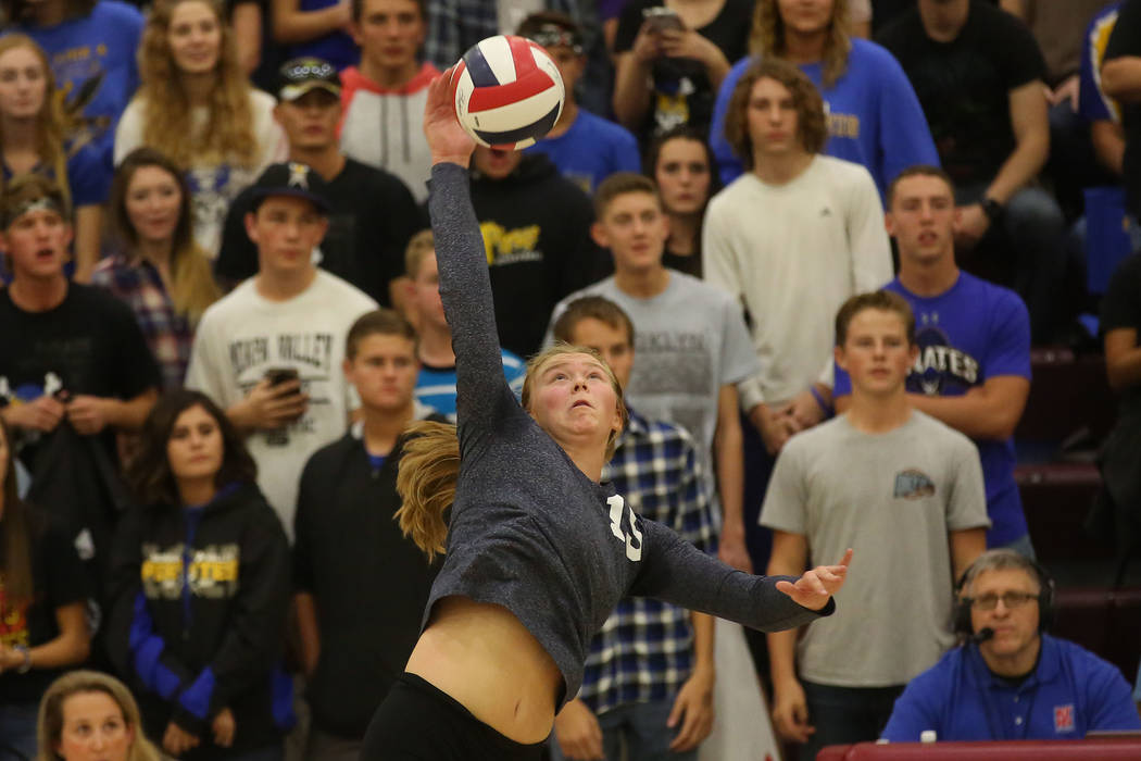 Boulder City player Maggie Roe serves the ball during the class 3A state volleyball champion ...
