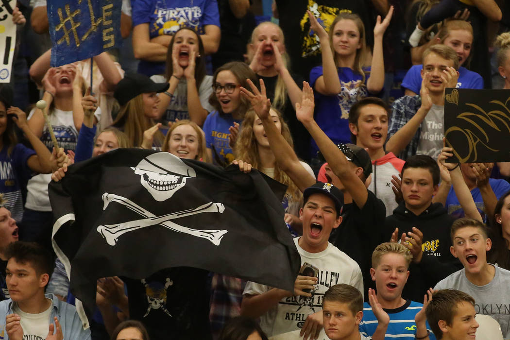 Moapa Valley fans cheer during the class 3A state volleyball championship against Boulder Ci ...