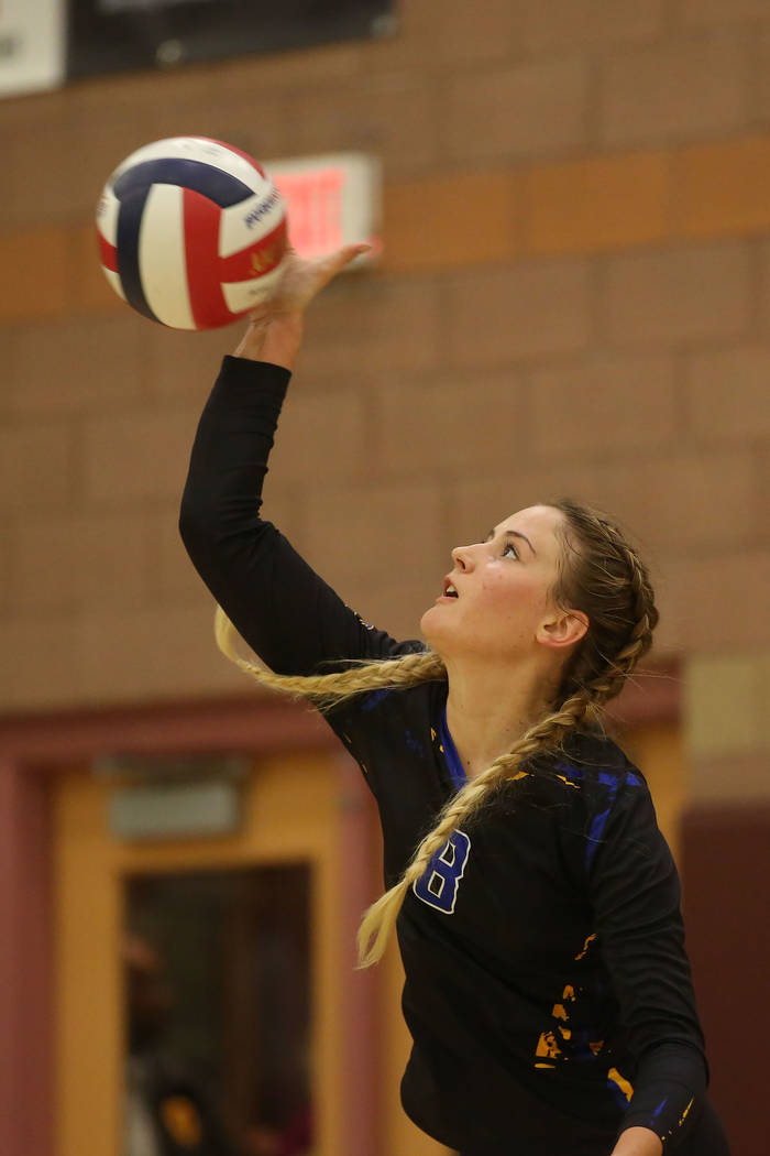 Moapa Valley player Shelbi Walker serves the ball during the class 3A state volleyball cham ...