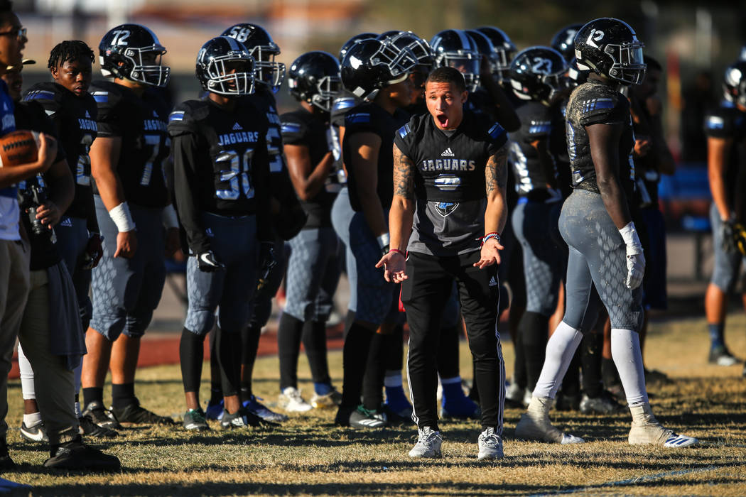 Desert Pines’ Hunter Franks (3) reacts after a flag on the play during the third quart ...