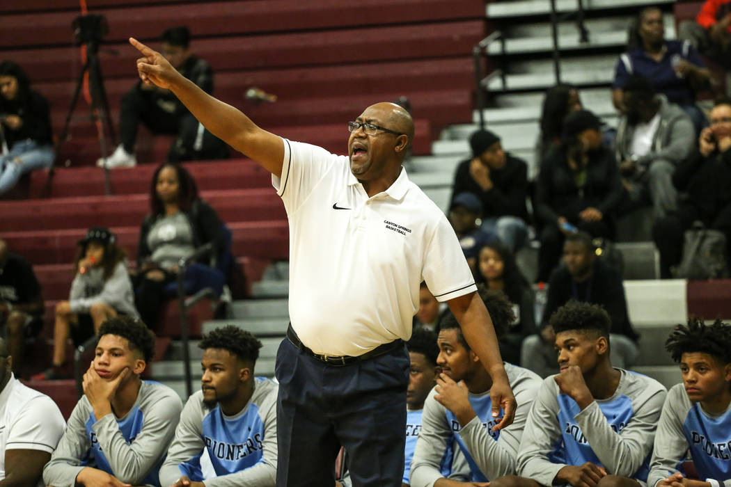 Canyon Springs head coach Freddie Banks reacts during the third quarter of basketball game a ...
