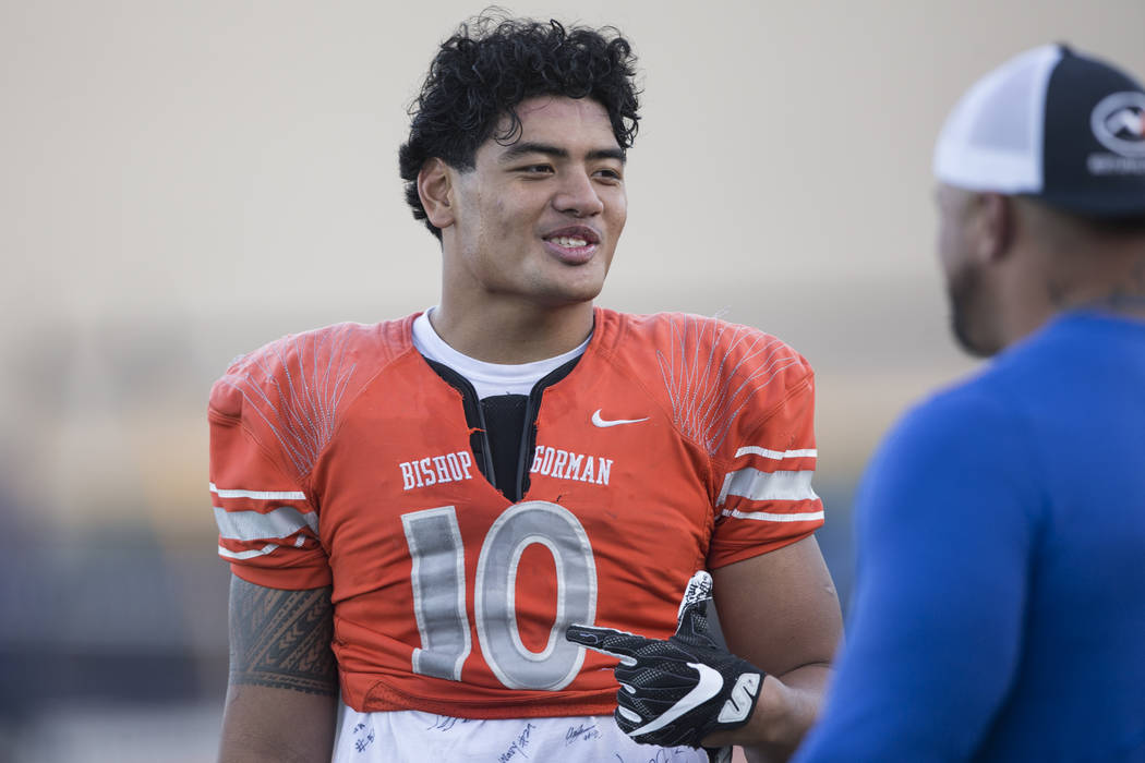 Bishop Gorman’s Palaie Gaoteote (10) during a team practice at Bishop Gorman High Scho ...