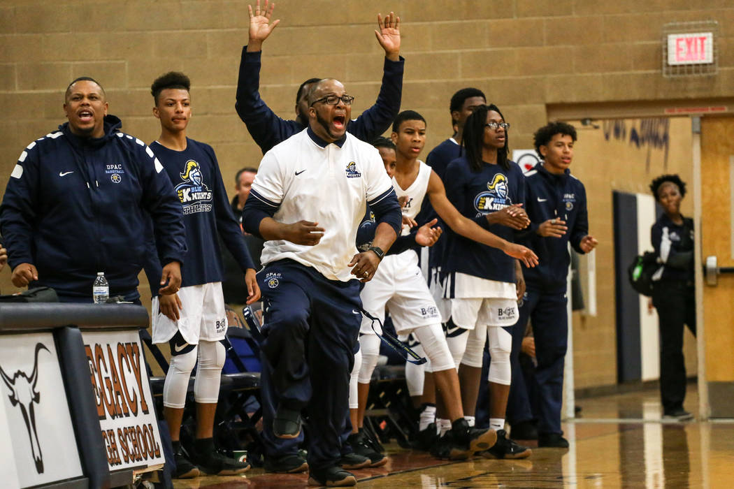 Democracy Prep’s head coach Trevor Diggs reacts after scoring against Arbor View durin ...