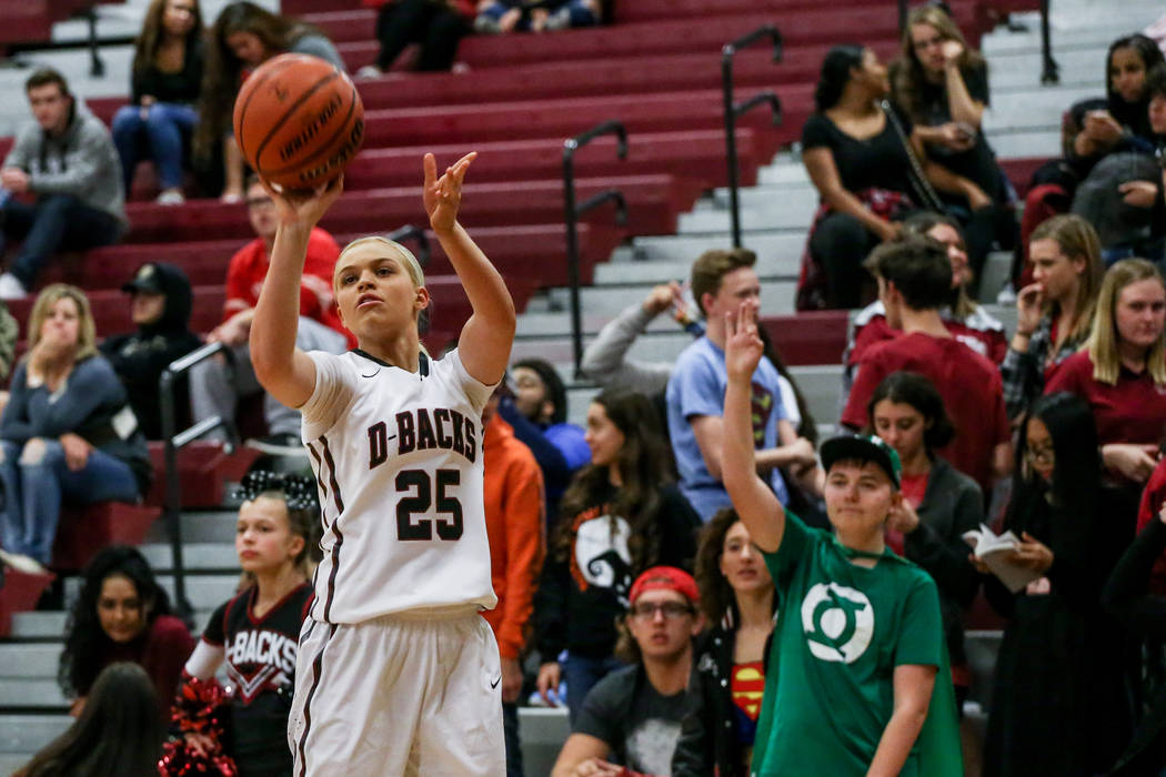 Desert Oasis’ Melissa Simmons (25) shoots the ball during the fourth quarter of a bask ...