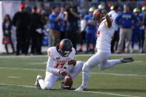 Bishop Gorman kicker Derek Ng competes in the NIAA 4A state championship football game in Re ...