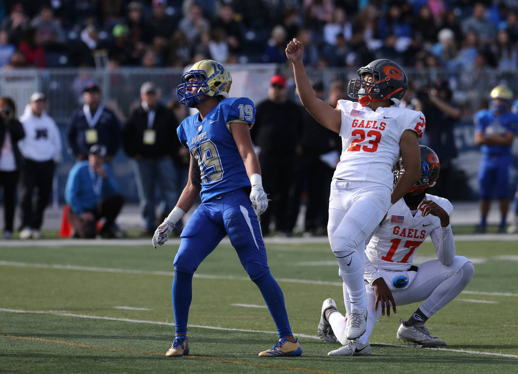 Bishop Gorman kicker Derek Ng competes in the NIAA 4A state championship football game in Re ...
