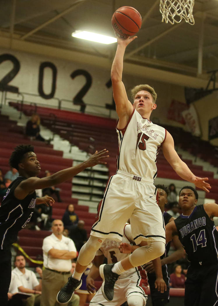 Desert Oasis player Jacob Heese (15) drives the ball to the net during a game against Durang ...