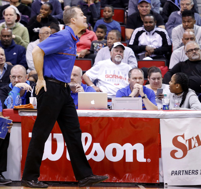 Bishop Gorman’s head coach Grant Rice reacts during the first half of a Class 4A boys ...