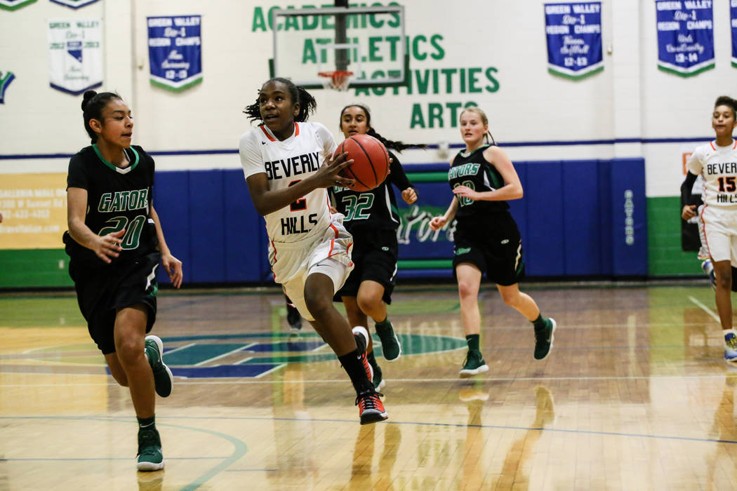 Green Valley’s Michelle Lagunas-Monroy (20) guards Beverly Hills’ Arbri Gillis ( ...