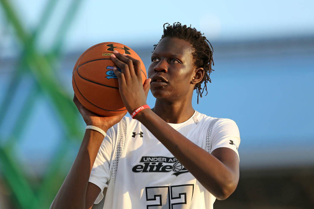 Team Clutch”s Bol Bol #22 warms up against Team Drive in the Under Armour Elite 24 gam ...