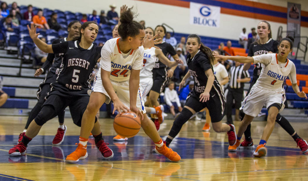 Bishop Gorman’s Bentleigh Hoskins attempts to control the ball against Desert Oasis de ...