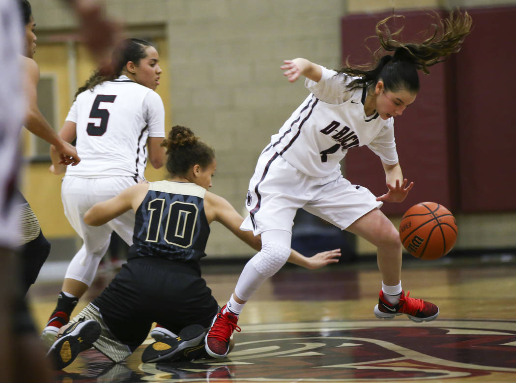 Desert Oasis’ Brianna Clark (4) gets fouled by Spring Valley’s Lalique Sharpe (1 ...