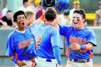 Bishop Gorman’s Michael Blasko, right, celebrates his three-run home run with teammate ...