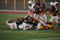 Pahrump Valley’s Devontae Brown makes a tackle in the Trojan’s 28-6 win ove ...