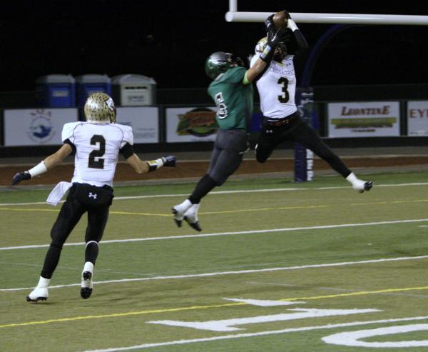 Faith Lutheran’s Vinny DeGeorge (3) intercepts a pass intended for Churchill County&#8 ...