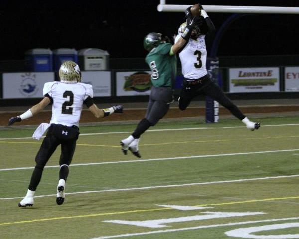 Faith Lutheran’s Vinny DeGeorge (3) intercepts a pass intended for Churchill County&#8 ...