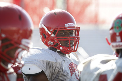 Arbor View High School football player Elijah George, center, is seen during practice at the ...